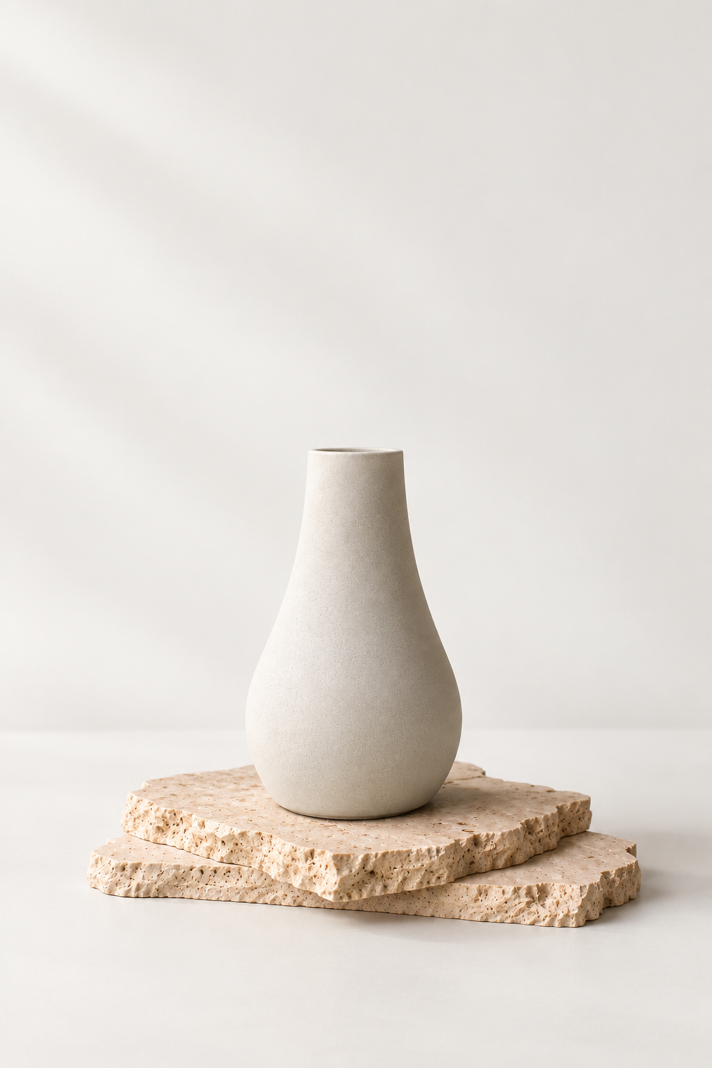 Bauchige Vase aus Feinbeton auf einer Steinplatte vor hellem Hintergrund