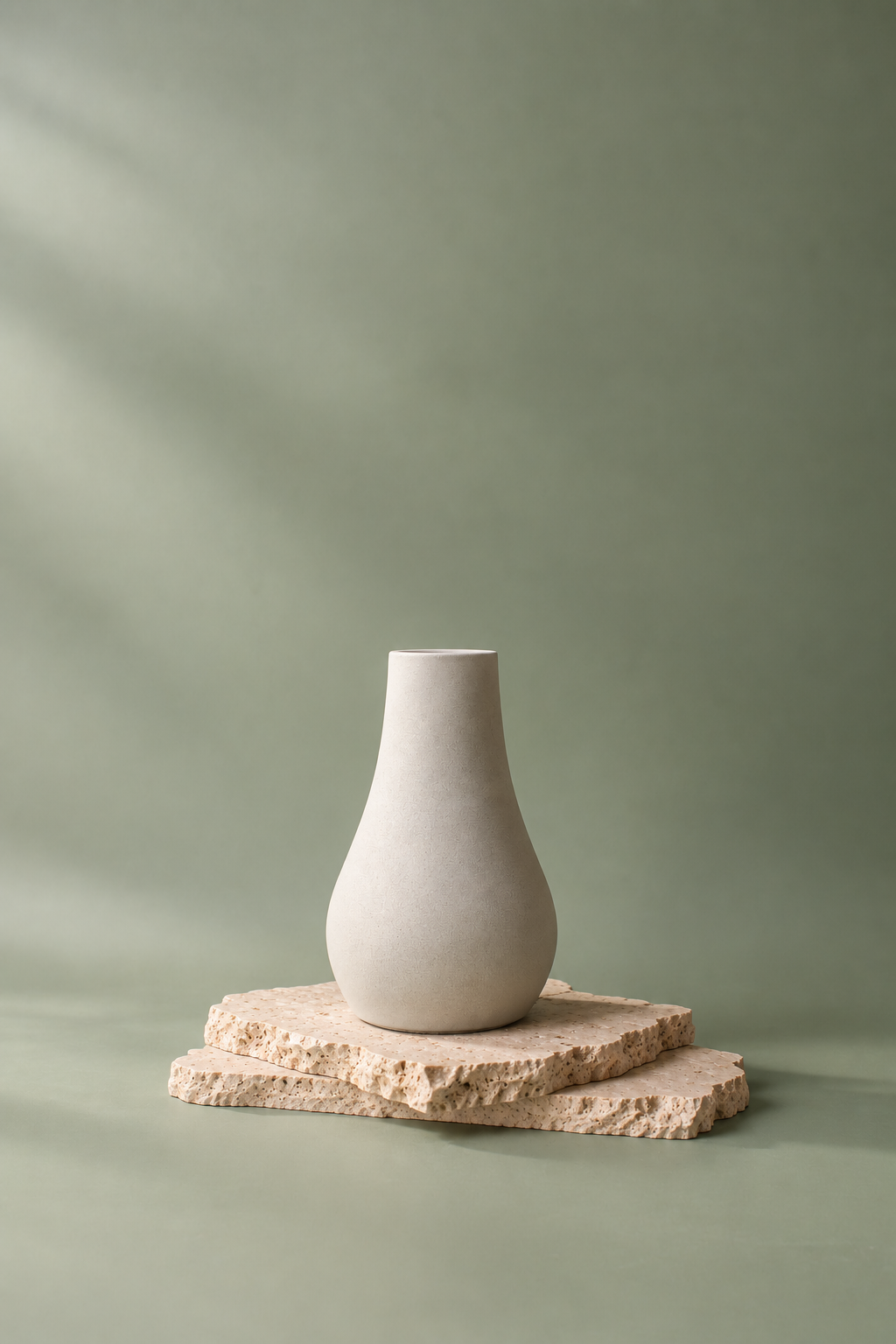 Bauchige Betonvase auf einer Steinplatte vor salbeigrünem Hintergrund